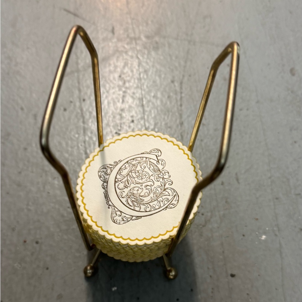 Vintage Gold and Cream Coaster Set with Holder with letter “C”